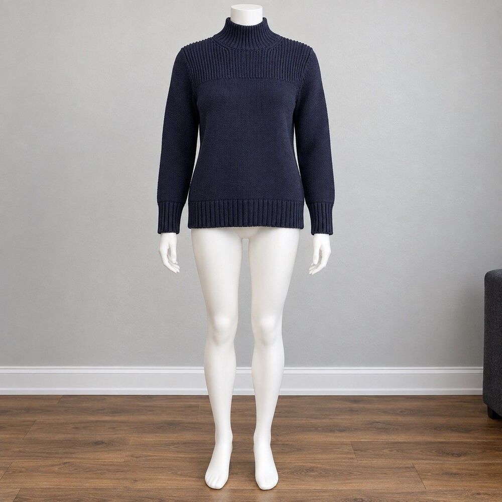 Ann Taylor Womens Small Navy Blue Mock Neck Chunky Knit Pullover Sweater Cotton